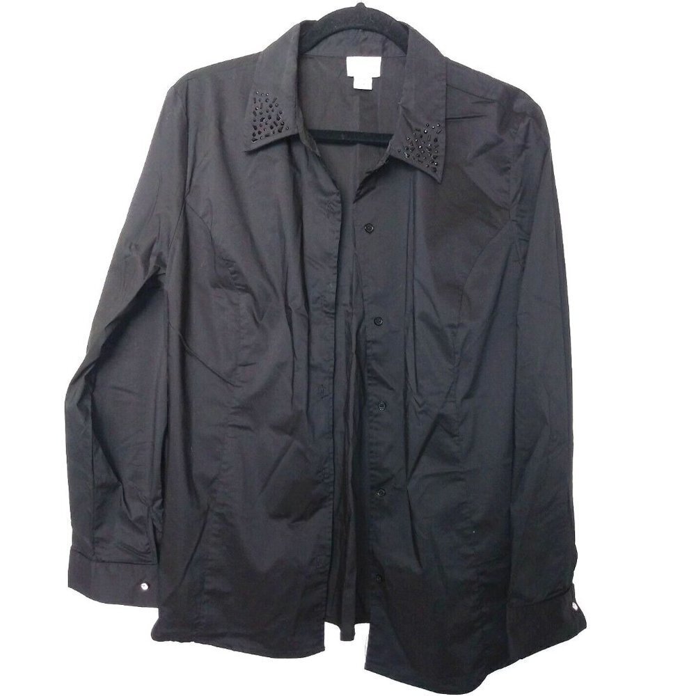 NWOT JACLYN SMITH Top Blouse Black embellished Women XL Button Up collar Stretch